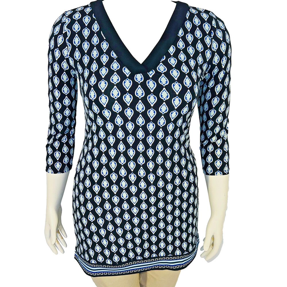 WHBM Dress or Tunic Top Womens S Black Blue V-Neck Moroccan Print 3/4 Sleeve